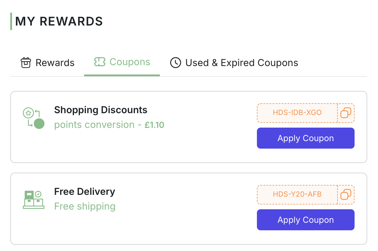 An example of a user's coupons within the 'Your Account' section of HDS